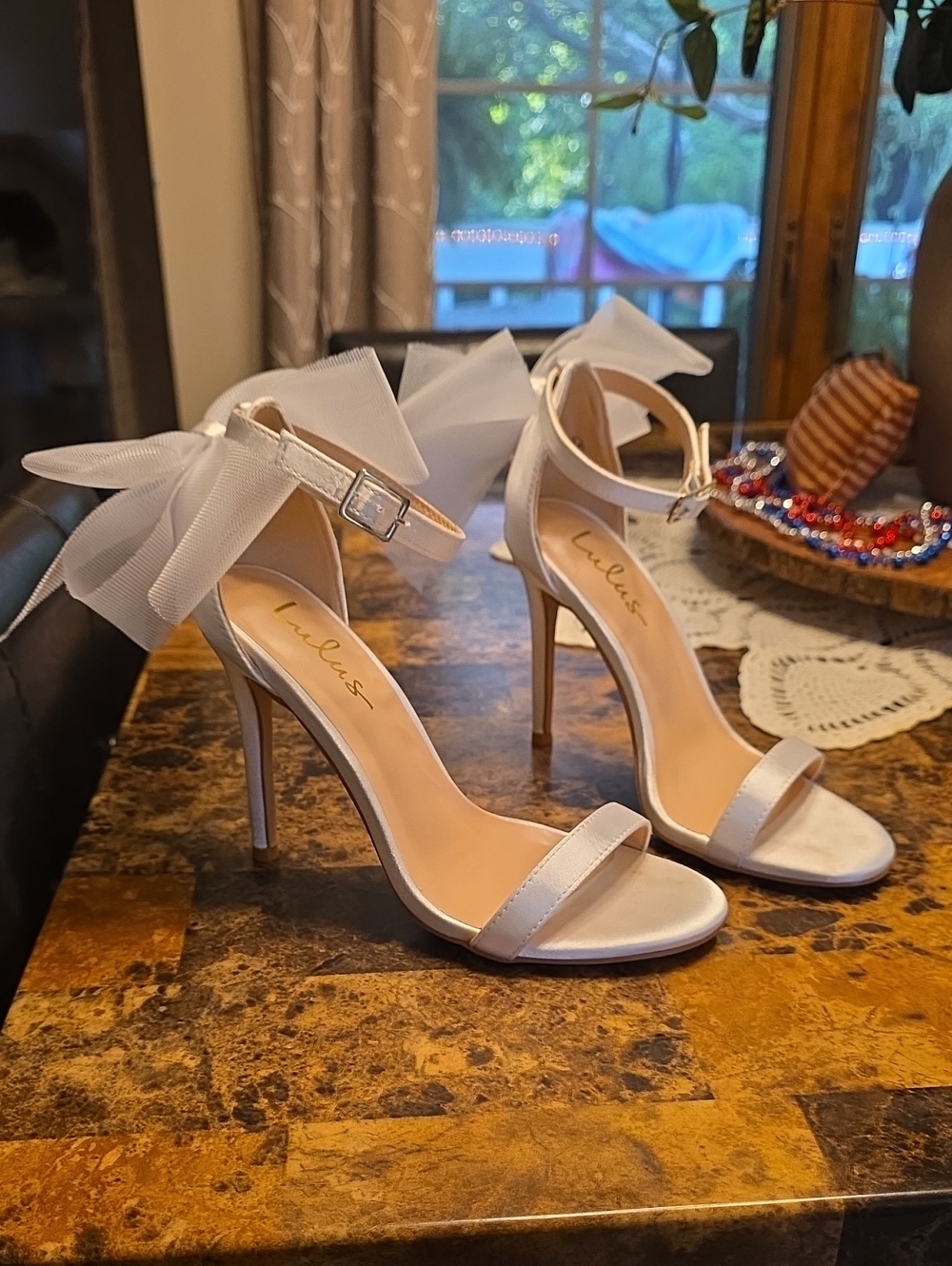 Lulu's White Bow Ankle-Strap Stiletto Sandals with Satin Finish